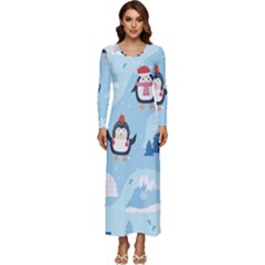 Christmas-seamless-pattern-with-penguin Long Sleeve Longline Maxi Dress