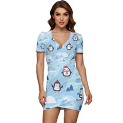 Christmas-seamless-pattern-with-penguin Low Cut Cap Sleeve Mini Dress