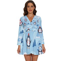 Christmas-seamless-pattern-with-penguin Long Sleeve V-Neck Chiffon Dress 