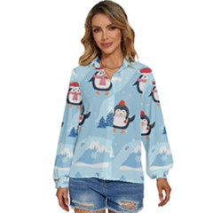 Christmas-seamless-pattern-with-penguin Women s Long Sleeve Button Up Shirt