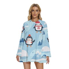 Christmas-seamless-pattern-with-penguin Round Neck Long Sleeve Bohemian Style Chiffon Mini Dress