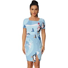 Christmas-seamless-pattern-with-penguin Fitted Knot Split End Bodycon Dress