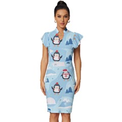 Christmas-seamless-pattern-with-penguin Vintage Frill Sleeve V-Neck Bodycon Dress