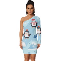 Christmas-seamless-pattern-with-penguin Long Sleeve One Shoulder Mini Dress