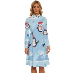 Christmas-seamless-pattern-with-penguin Long Sleeve Shirt Collar A-Line Dress