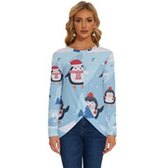 Christmas-seamless-pattern-with-penguin Long Sleeve Crew Neck Pullover Top