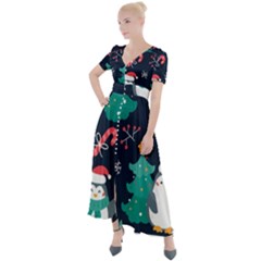 Colorful-funny-christmas-pattern      - Button Up Short Sleeve Maxi Dress