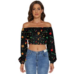 Christmas Paper Stars Pattern Texture Background Colorful Colors Seamless Copy Long Sleeve Crinkled Weave Crop Top by Grandong