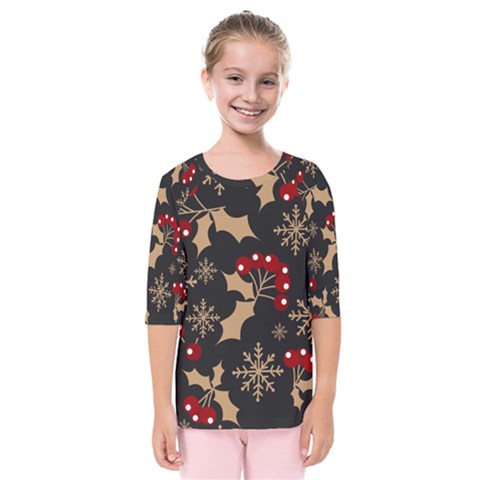 Christmas-pattern-with-snowflakes-berries Kids  Quarter Sleeve Raglan T-shirt by Grandong