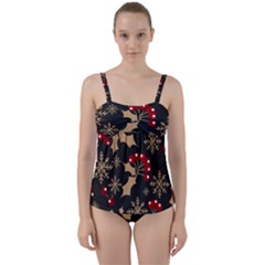 Christmas-pattern-with-snowflakes-berries Twist Front Tankini Set by Grandong