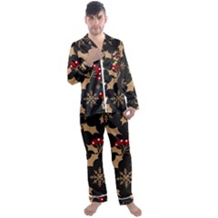 Christmas-pattern-with-snowflakes-berries Men s Long Sleeve Satin Pajamas Set by Grandong
