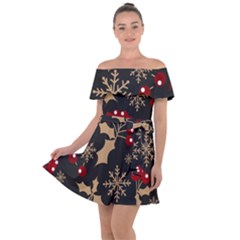 Christmas-pattern-with-snowflakes-berries Off Shoulder Velour Dress