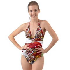 Funny Santa Claus Christmas Halter Cut-out One Piece Swimsuit by Grandong