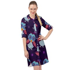 Owl-pattern-background Long Sleeve Mini Shirt Dress by Grandong