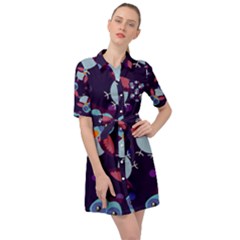 Owl-pattern-background Belted Shirt Dress by Grandong