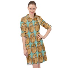 Seamless Cute Colourfull Owl Kids Pattern Long Sleeve Mini Shirt Dress