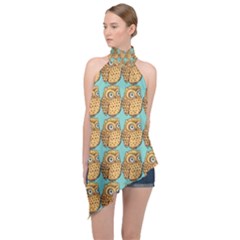 Seamless Cute Colourfull Owl Kids Pattern Halter Asymmetric Satin Top by Grandong