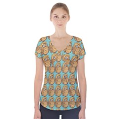 Owl Bird Short Sleeve Front Detail Top by Grandong