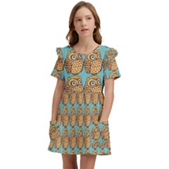 Seamless Cute Colourfull Owl Kids Pattern Kids  Frilly Sleeves Pocket Dress by Grandong