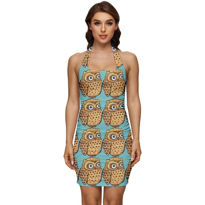 Seamless Cute Colourfull Owl Kids Pattern Sleeveless Wide Square Neckline Ruched Bodycon Dress