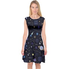 Starry Night  Space Constellations  Stars  Galaxy  Universe Graphic  Illustration Capsleeve Midi Dress by Grandong