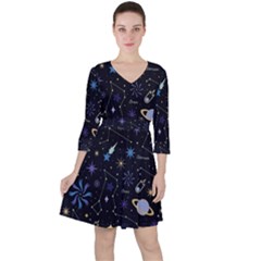 Starry Night  Space Constellations  Stars  Galaxy  Universe Graphic  Illustration Quarter Sleeve Ruffle Waist Dress by Grandong