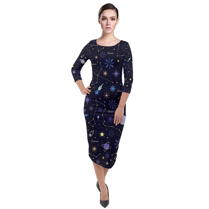 Starry Night  Space Constellations  Stars  Galaxy  Universe Graphic  Illustration Quarter Sleeve Midi Velour Bodycon Dress