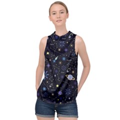 Starry Night  Space Constellations  Stars  Galaxy  Universe Graphic  Illustration High Neck Satin Top by Grandong