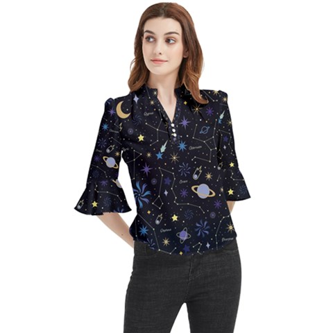 Starry Night  Space Constellations  Stars  Galaxy  Universe Graphic  Illustration Loose Horn Sleeve Chiffon Blouse by Grandong