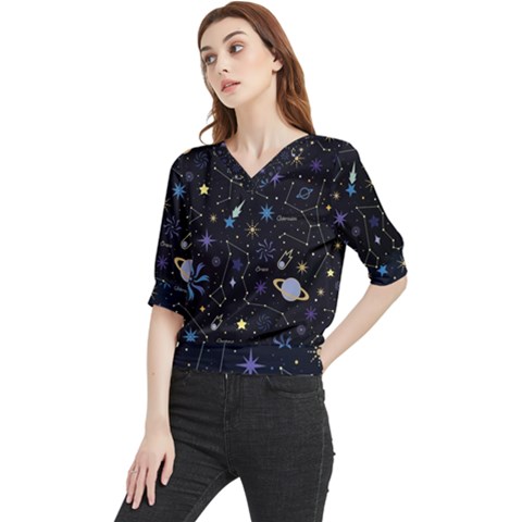 Starry Night  Space Constellations  Stars  Galaxy  Universe Graphic  Illustration Quarter Sleeve Blouse by Grandong