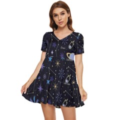 Starry Night  Space Constellations  Stars  Galaxy  Universe Graphic  Illustration Tiered Short Sleeve Babydoll Dress by Grandong