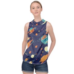 Space Galaxy Planet Universe Stars Night Fantasy High Neck Satin Top by Grandong