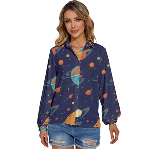 Space Galaxy Planet Universe Stars Night Fantasy Women s Long Sleeve Button Up Shirt by Grandong