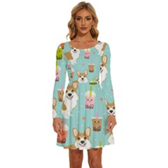 Welsh Corgi Boba Tea Bubble Cute Kawaii Dog Breed Long Sleeve Wide Neck Velvet Dress by Grandong