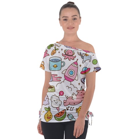 Set-kawaii-doodles -- Off Shoulder Tie-up T-shirt by Grandong