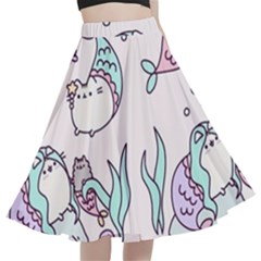 Cartoon Cat Cute Animal Design Drawing Illustration Kawaii A-line Full Circle Midi Skirt With Pocket by Grandong