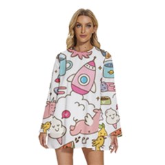 Set-kawaii-doodles -- Round Neck Long Sleeve Bohemian Style Chiffon Mini Dress by Grandong