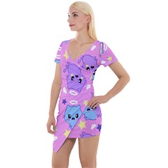 Seamless Pattern With Cute Kawaii Kittens Short Sleeve Asymmetric Mini Dress by Grandong