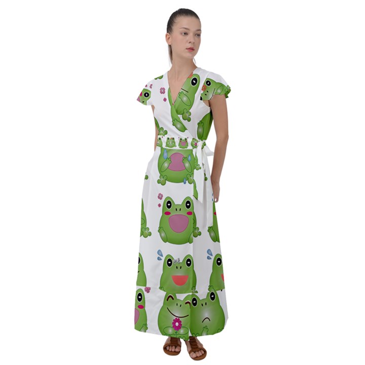 Kawaii-frog-rainy-season-japanese Flutter Sleeve Maxi Dress