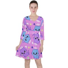 Seamless Pattern With Cute Kawaii Kittens Quarter Sleeve Ruffle Waist Dress by Grandong