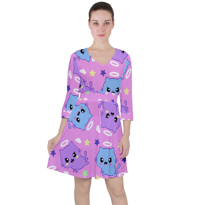 Seamless Pattern With Cute Kawaii Kittens Quarter Sleeve Ruffle Waist Dress