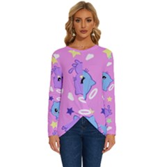 Seamless Pattern With Cute Kawaii Kittens Long Sleeve Crew Neck Pullover Top
