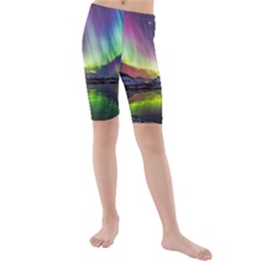 Aurora Borealis Polar Northern Lights Natural Phenomenon North Night Mountains Kids  Mid Length Swim Shorts by Grandong