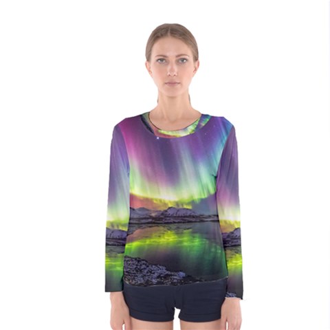 Aurora Borealis Polar Northern Lights Natural Phenomenon North Night Mountains Women s Long Sleeve T-shirt by Grandong