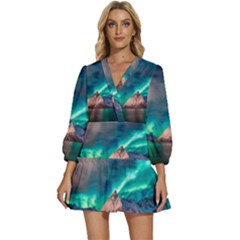 Amazing Aurora Borealis Colors V-neck Placket Mini Dress by Grandong