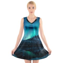 Aurora Borealis Mountain Reflection V-neck Sleeveless Dress by Grandong