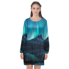 Aurora Borealis Mountain Reflection Long Sleeve Chiffon Shift Dress  by Grandong