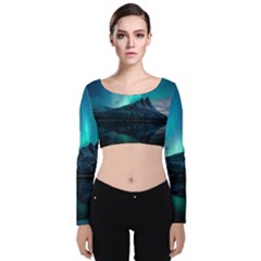 Aurora Borealis Mountain Reflection Velvet Long Sleeve Crop Top by Grandong