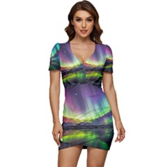 Aurora Borealis Polar Northern Lights Natural Phenomenon North Night Mountains Low Cut Cap Sleeve Mini Dress by Grandong