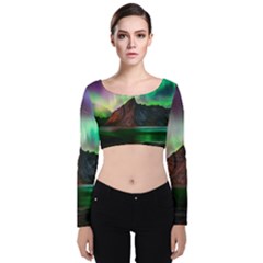 Aurora Borealis Nature Sky Light Velvet Long Sleeve Crop Top by Grandong